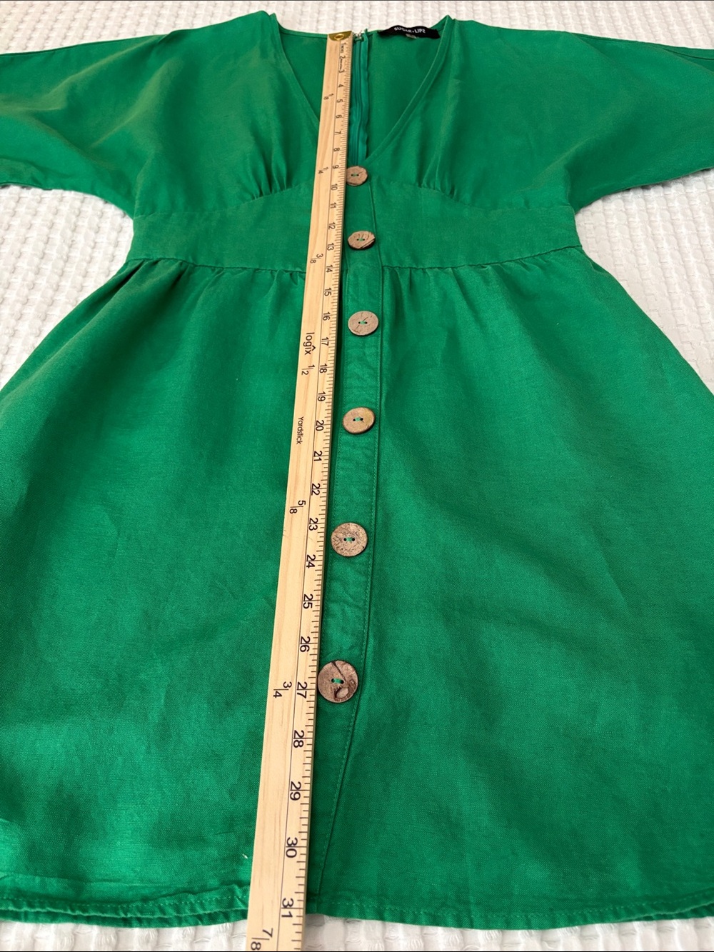 Sugarlips Kelly Green Linen Blend Preppy Office Button Front Babydoll Dress SZ M - Picture 6 of 7